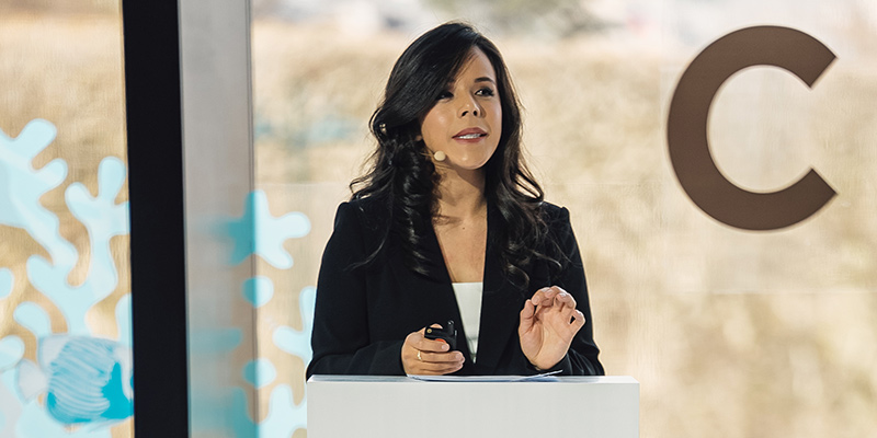 Daniela Fernandez at a speaking engagement. Photo courtesy of Sustainable Ocean Alliance